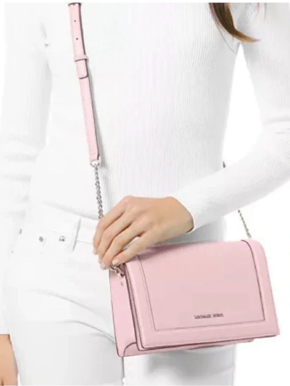 Michael Kors Jet Set Saffiano Light Pink Crossbody Shoulder Bag Purse Silver